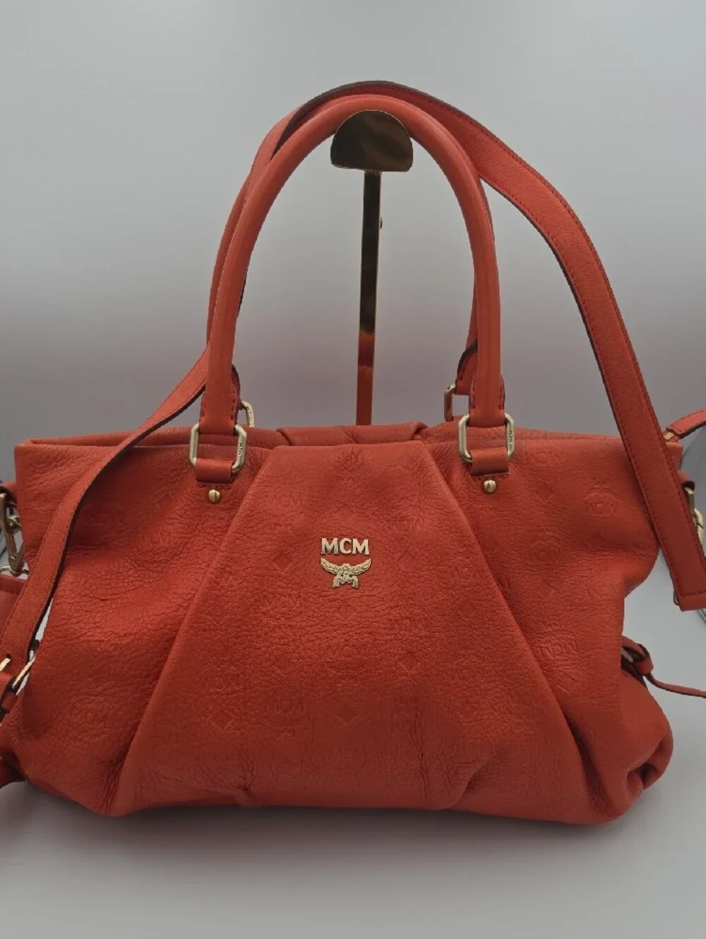 MCM Bright Orange Visetos Embossed Top Double Handles Large Satchel Bag (EUC)🧡✨